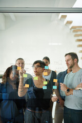 Poster - Manager, leader or boss talking and planning in a workshop, seminar or presentation with sticky notes in a boardroom. Business woman discussing and brainstorming with her colleagues and coworkers