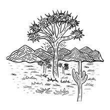 Outline Sketch Vibes Of Desert Landscape Joshua Tree And Cactus And Mountains