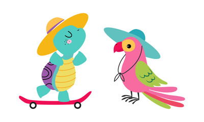 Canvas Print - Cute African Turtle on Skateboard and Parrot in Hat Enjoying Hot Summer Vector Set