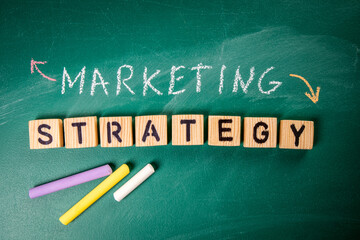 Wall Mural - Marketing Strategy concept. Information on a green chalkboard