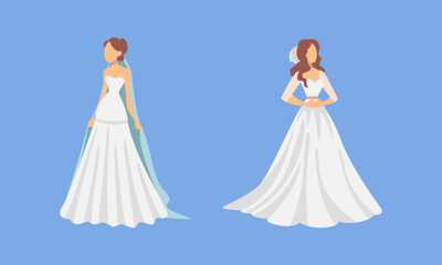 Sticker - Bride in White Wedding Dress Standing as Newlywed or Just Married Female on Blue Background Vector Set