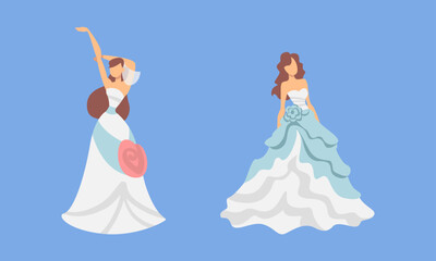 Canvas Print - Bride in White Wedding Dress Standing as Newlywed or Just Married Female on Blue Background Vector Set