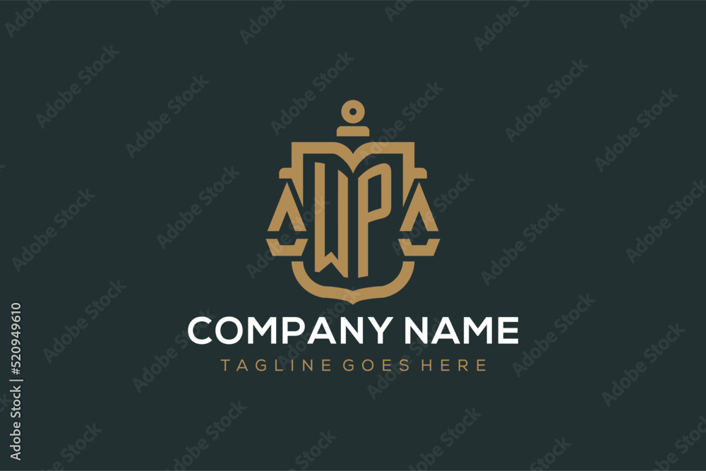Initial WP logo for law firm with luxury modern scale and shield icon ...