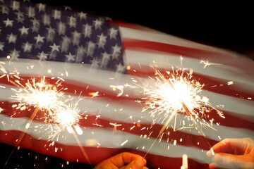 Sticker - Happy 4th of July Independence Day, Sparkler fireworks USA celebration with American flag nature background.