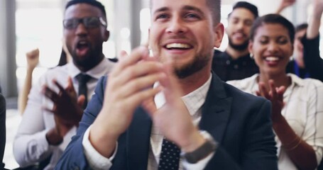 Poster - Cheering and excited colleagues clapping for success in a presentation as a group or team in a conference meeting where training is the focus. Happy coworkers celebrating during a workshop or seminar