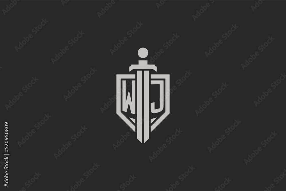 Letter WJ logo with shield and sword icon design in geometric style ...