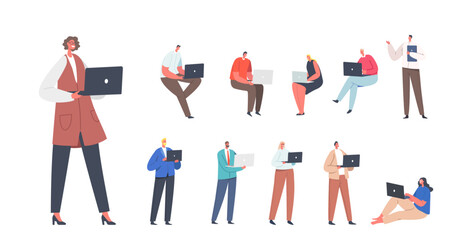 Wall Mural - Set Men and Women with with Laptop. Freelancers or Office Workers with Computers Isolated on White Background