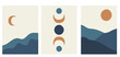 Collection of modern simple minimalist abstract landscapes in boho style in blue shades: sun, moon, mountains, hills and geometric shapes (circles) on a beige background