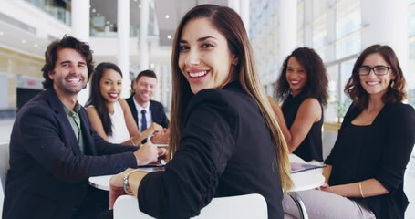 Poster - Female manager, leader and boss leading a diverse team of executive business men and women. Portrait of confident, proud office ceo turning, ready for planning and brainstorming in boardroom meeting