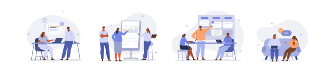 Wall Mural - business people illustration set. characters working at home office and coworking space. people talk