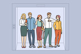 Fototapeta  - Businesspeople sanding in elevator together. Employees or colleagues team waiting in lift in office. Teamwork. Vector illustration. 