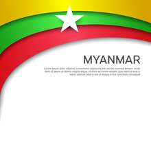Abstract Waving Myanmar Flag. Creative Background For Design Of Patriotic Holiday Card. National Poster. State Myanmar Patriotic Cover, Flyer. Paper Cut Style. Vector Tricolor Design