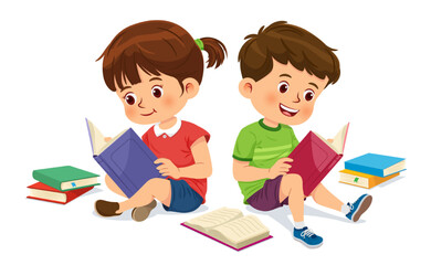 Wall Mural - Cute boy and girl are relaxing and enjoying reading books