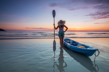 Young lady tourist and canoe on the beach with sunset on the sea at Phuket province, Thailand.