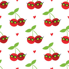 Wall Mural - Cute cartoon style red cherry characters in sunglasses and red hearts vector seamless pattern background.
