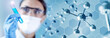 © Paulista - Woman chemist analysing a test-tube with blue liquid sample and 3d illustration of a molecular structure.