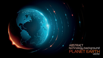 Wall Mural - blue abstract futuristic background. tech vector. sunrise. satellites and rockets in orbit of planet