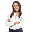 © Paulista - Studio portrait of smiling young woman in shirt looking at camera isolated on white background.