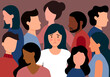 Sad woman feel lonely in crowd in flat design. Unhappy unique person. Loneliness in crowd.