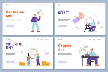  Set of website banner templates about buying and selling exclusive arts for NFT