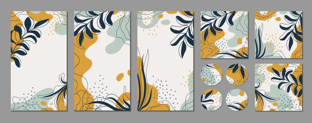 Wall Mural - Floral set. Trendy abstract templates for social media posts, stories, banners, branding design, covers. Modern vector illustrations with organic shapes, plants, graphic elements for holiday, business