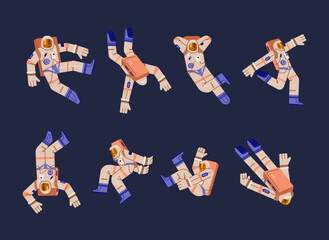 Astronaut floating in space in various poses, flat vector illustration isolated on dark background.