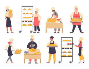 Wall Mural - Bakers characters making cakes and bread, flat vector illustration isolated.