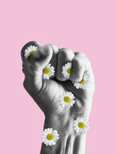 Human Fist Full Of Flowers. Stop War And Violence. Modern Design, Contemporary Art Collage. Inspiration, Idea, Trendy Urban Magazine Style.