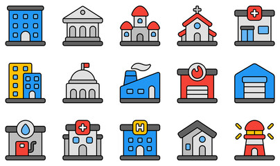 Sticker - Set of Vector Icons Related to Buildings. Contains such Icons as Apartment, Bank, Castle, Church, Clinic, Condominium and more.