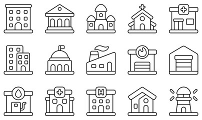 Sticker - Set of Vector Icons Related to Buildings. Contains such Icons as Apartment, Bank, Castle, Church, Clinic, Condominium and more.