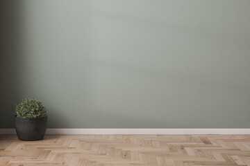 Room with green and beige walls, wooden floor with plant. Bright room interior mockup. Empty room for mockup. 3d rendering
