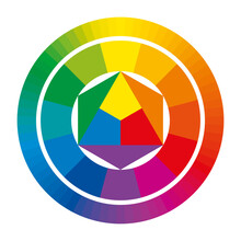 Color Wheel With Complementary And Primary Colors Yellow, Red And Blue, Mixed To Secondary Colors Orange, Purple And Green, Extended To 12 Tertiary Colors And Up To A Spectrum Of 72 Unique Color Hues.