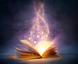 Leinwandbild Motiv Magic Book With Open Pages And Abstract Lights Shining In Darkness - Literature And Fairytale Concept