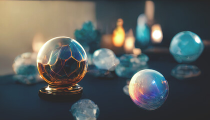 Magic glass ball. Neon light, neon. Fantasy ball, predictions of the future, divination.