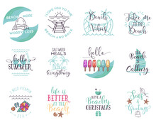 Summer Round Signs Set. Beach Badges With Different Quotes - Hello Summer, Beach Vubes, Have A Beachy Christmas. Stock Vector T Shirt Prints