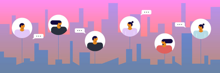 Young people are chatting using smartphones with social media elements and city on the background. Friends chatting and texting. Vector illustration. Online chat messages text notification on mobile 