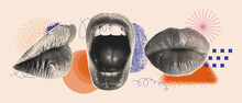 Set Of Halftone Female Mouths In Different Poses. Wide Open Mouth And Closed Kissing Lips, Side And Front View
