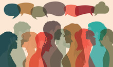 Diversity People And Speech Bubble. Crowd.Silhouette Heads Faces To The Facet Of Institution Of Global Human Beings Talking. Communicate On Social Networks. Communication And Racial Equality.