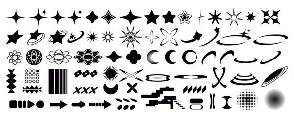 set of y2k bling retro elements and abstract brutalism shapes. hipster graphic objects for logo, ico