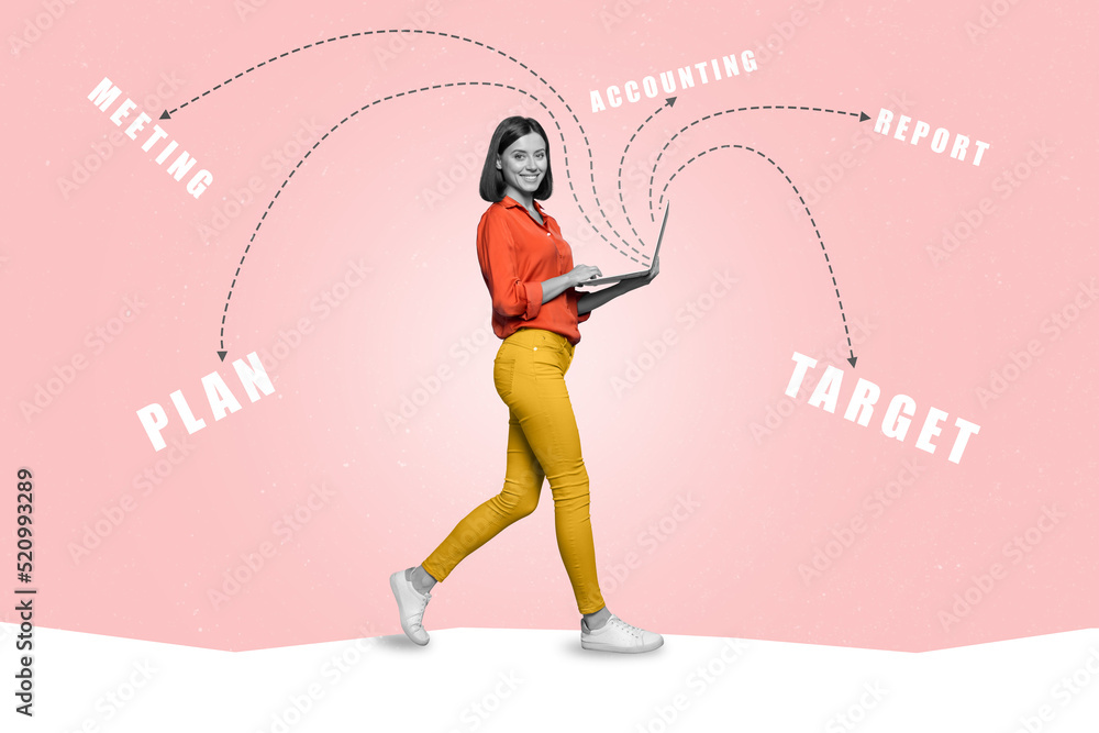 Collage photo picture poster banner of millennial woman go conference wear casual bright color clothes isolated on painting background