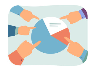 Wall Mural - fingers of businessmen pointing at pie diagram. hands of workers and chart, company statistics or an