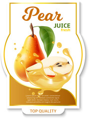 Wall Mural - Realistic fruit label. Pear juice package sticker design. Fresh vitamin beverage. Liquid splash. Whole or half ripe pieces. Natural vegetarian drink promotion. Vector packaging badge