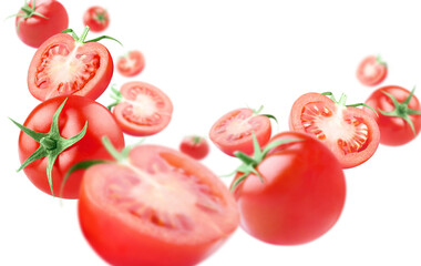 Wall Mural - Flying delicious tomatoes, isolated on white background