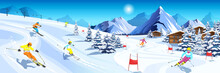 Winter Mountain Landscape With Many Different Skiers. Happy Man, Woman Ride Skis In Alps. Blue Sky, Tops Of Rocks On Background. Winter Sport Activity. Skiing Resort. Vector Illustration