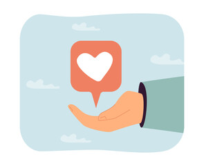 Wall Mural - Huge hand holding like button or symbol. Person liking post, photo or article on Internet flat vector illustration. Social media, communication concept for banner, website design or landing web page