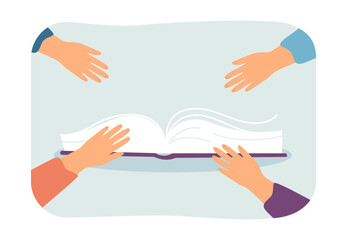 Wall Mural - hands of students or employees reaching for book. people studying textbook or manual flat vector ill