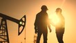 oil production. two silhouette workers work as a team next to an oil pump. business oil production production concept. two engineers of the oil and gas industry are discussing a business sun plan