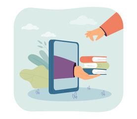 Wall Mural - Big hand of teacher with books coming out of phone screen. Hand of student taking textbook flat vector illustration. Online education, e-learning concept for banner, website design or landing web page