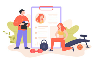 Wall Mural - Personal trainer and woman exercising in gym. Coach training fit girl, equipment for physical activities flat vector illustration. Healthy lifestyle, fitness concept for banner or landing web page