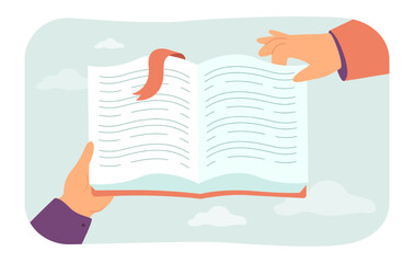 Poster - hand of person turning page of big book or journal. hands holding diary or book flat vector illustra